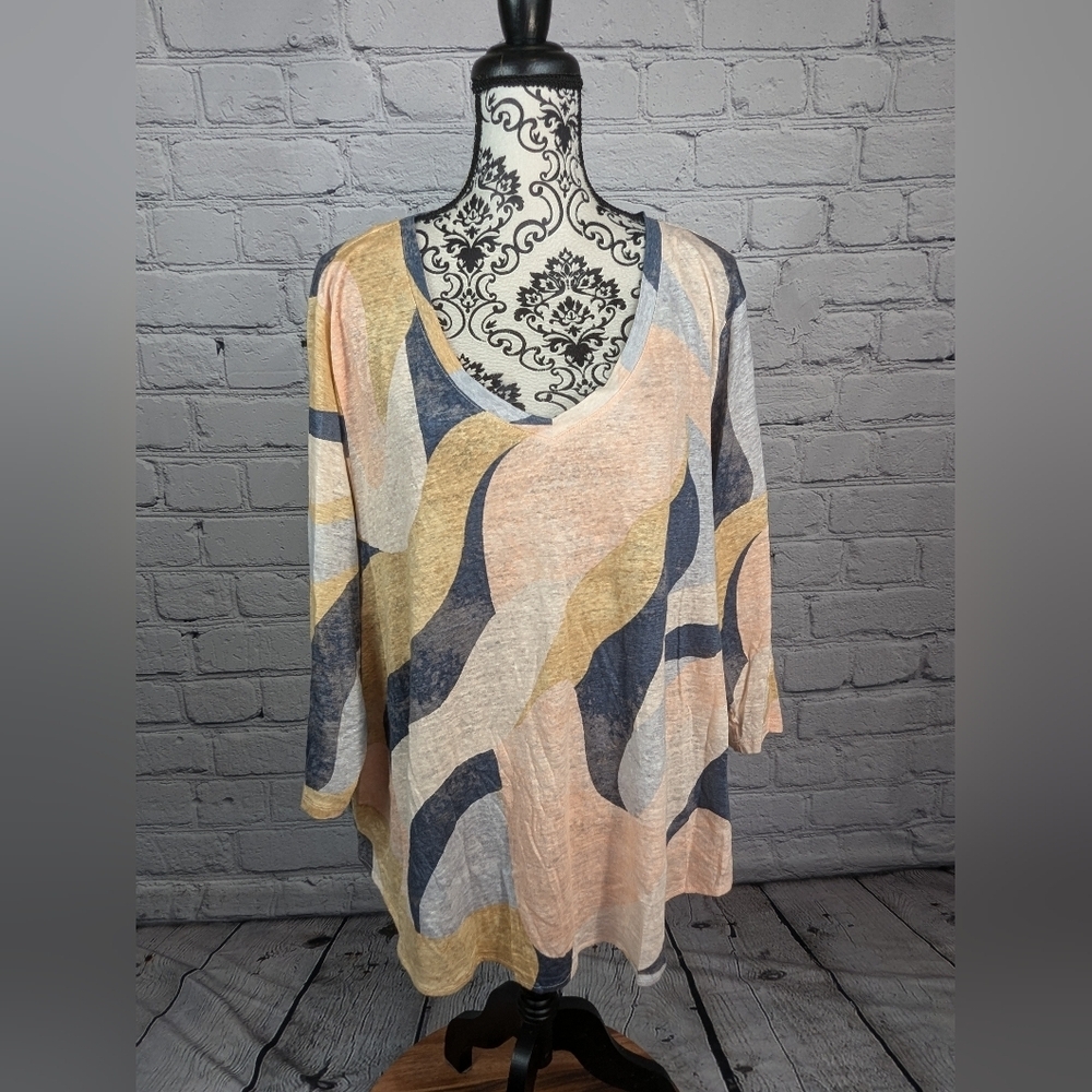 Rachel Zoe women's long sleeve geometric print 100% linen popover top sz 3x b09a